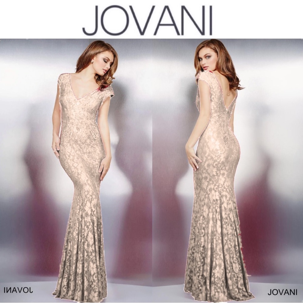NWT Jovani Cream Nude Lace and Rhinestone Jewel Lace Gown